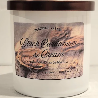 black cardamom and cream candle by Peaceful Valley Candle Co.